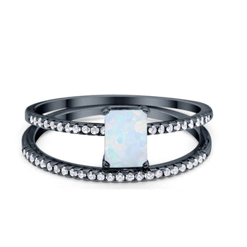 Art Deco Two Piece Wedding Ring Radiant Black Tone, Lab Created White Opal 925 Sterling Silver